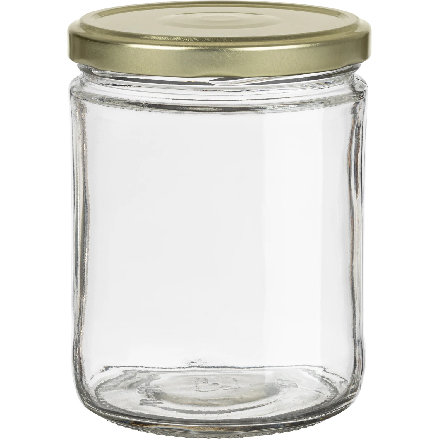 16 Oz. Clear Glass Straight Sided "Salsa" Jar W/ Gold Button Metal Lug Cap W/ Plastisol Liner, 82mm 82-2040
