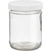 16 Oz. Clear Glass Straight Sided "Salsa" Jar W/ White Ribbed (Matte Top) Plastic Cap W/Foam Liner (3-ply), 83mm 83-400