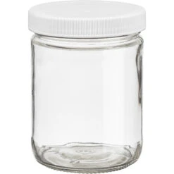 16 Oz. Clear Glass Straight Sided "Salsa" Jar W/ White Ribbed (Matte Top) Plastic Cap W/Foam Liner (3-ply), 83mm 83-400