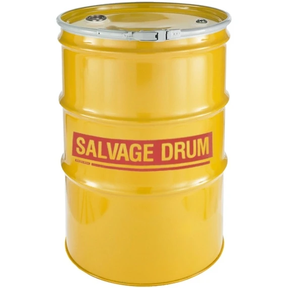 85 Gallon Steel Salvage Drum, UN Rated, Unlined, 18GA, Cover W/Lever Lock Ring Closure, 2" & 3/4" Fittings