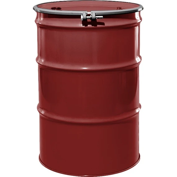 55 Gallon Mobil Red Steel Drum, Reconditioned, UN Rated, Unlined, Cover W/Bolt Ring, 2" & 3/4" Fittings
