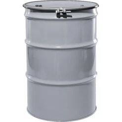 55 Gallon Silver Steel Drum, Reconditioned, UN Rated, Lined, Cover W/Bolt Ring, 2" & 3/4" Fittings