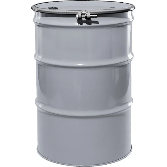 55 Gallon Silver Steel Drum, Reconditioned, UN Rated, Lined, Cover W/Bolt Ring, 2" & 3/4" Fittings