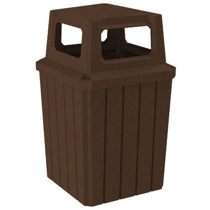 52 Gallon Brown Granite Square Slatted Trash Receptacle, 4-Way Open Lid