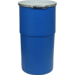 15 Gallon Blue Plastic Drum, Taper Sided, UN Rated, Cover W/Metal Lever Lock