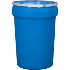 30 Gallon Blue Plastic Drum, Taper Sided, UN Rated, Cover W/Metal Lever Lock